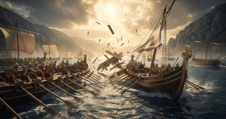 Reconstitution de la bataille de Salamine avec les trières grecques affrontant la flotte perse dans le détroit