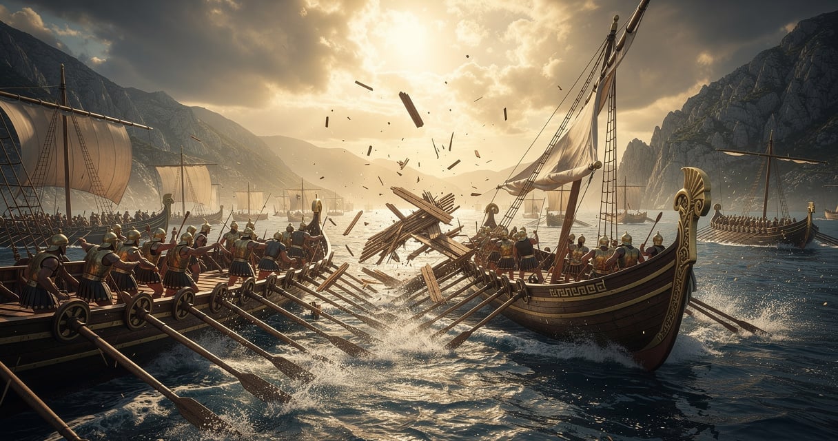 Reconstitution de la bataille de Salamine avec les trières grecques affrontant la flotte perse dans le détroit