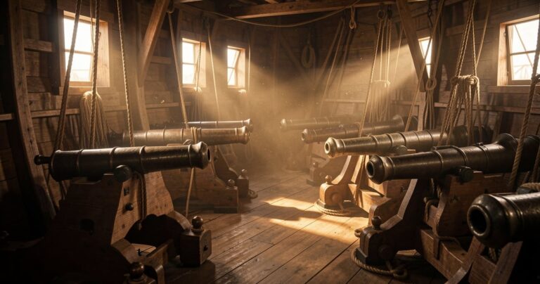 Pont-batterie d'un vaisseau de guerre du XVIIIe siecle avec deux rangees de canons navals en bronze