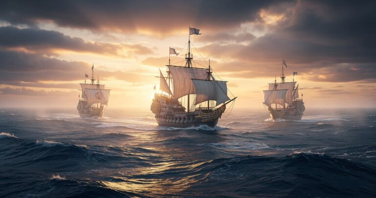 Trois navires du XVe siècle sur l'Atlantique à l'aube, caravelles et caraque de Christophe Colomb