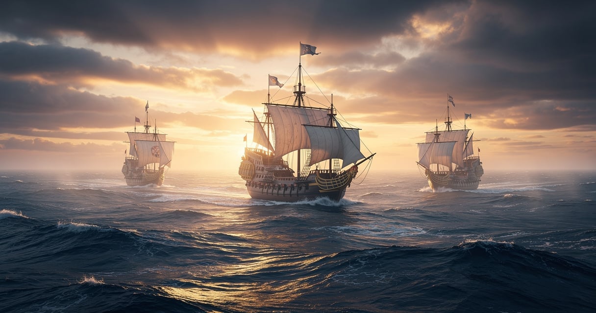 Trois navires du XVe siècle sur l'Atlantique à l'aube, caravelles et caraque de Christophe Colomb