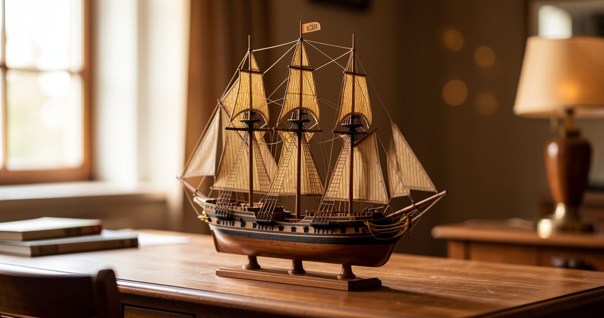 Modèle réduit de bateau ancien en bois à trois mâts posé sur un bureau