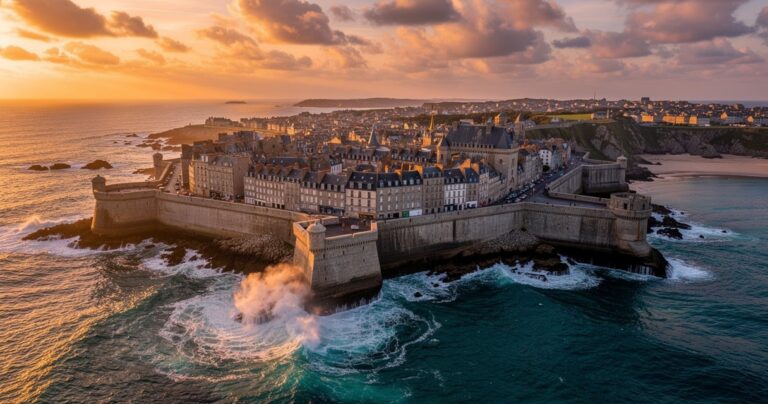Vue aérienne de Saint-Malo, cité corsaire fortifiée au coucher du soleil