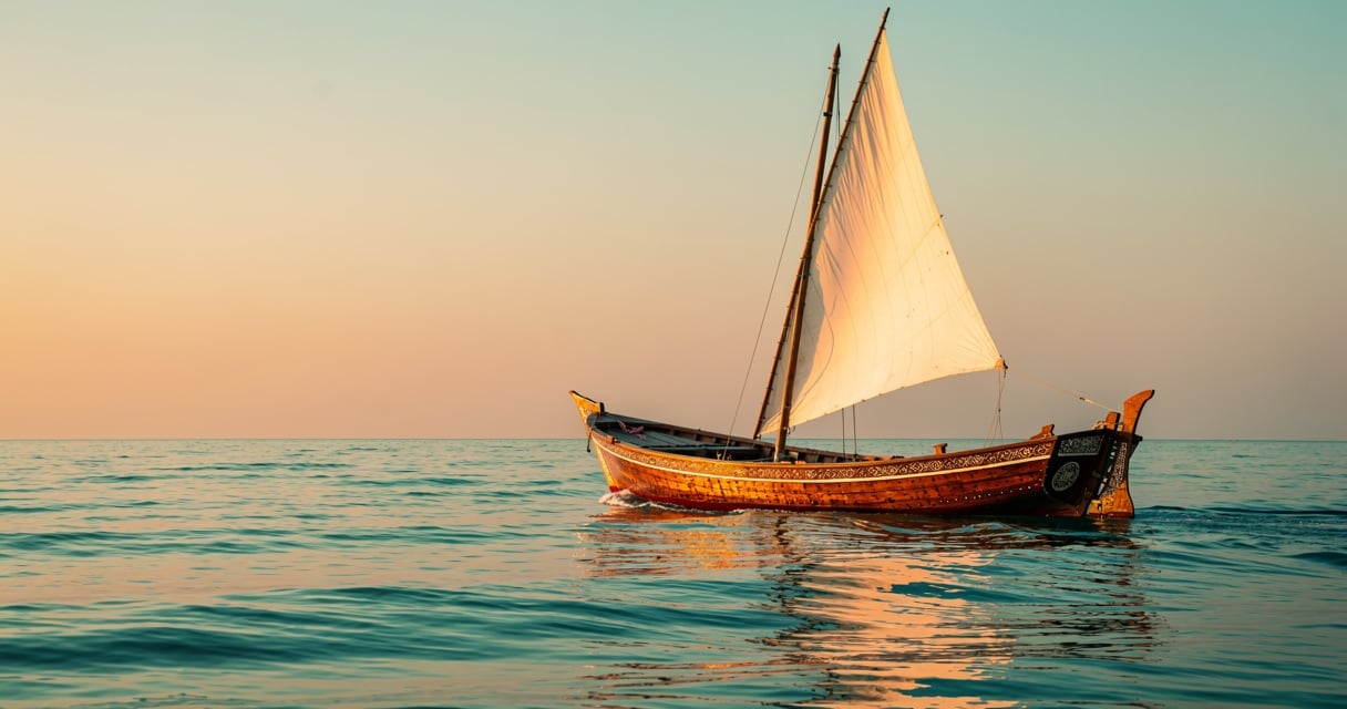 Un dhow traditionnel naviguant sur l'océan Indien au coucher du soleil