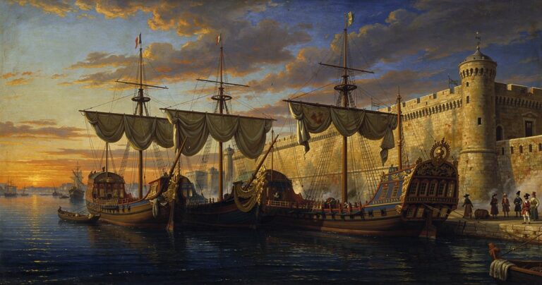 Galères du roi Louis XIV amarrées dans l'arsenal royal de Marseille au coucher du soleil