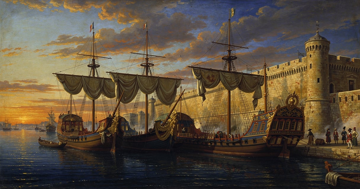 Galères du roi Louis XIV amarrées dans l'arsenal royal de Marseille au coucher du soleil