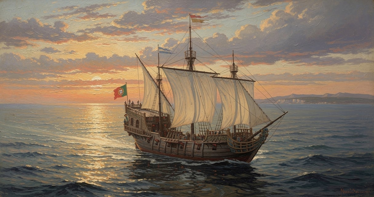 Caravelle portugaise du XVe siècle naviguant en Atlantique au lever du soleil