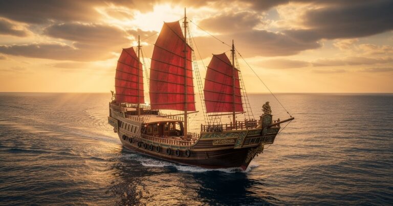 Jonque chinoise traditionnelle de la marine impériale Ming voguant en haute mer