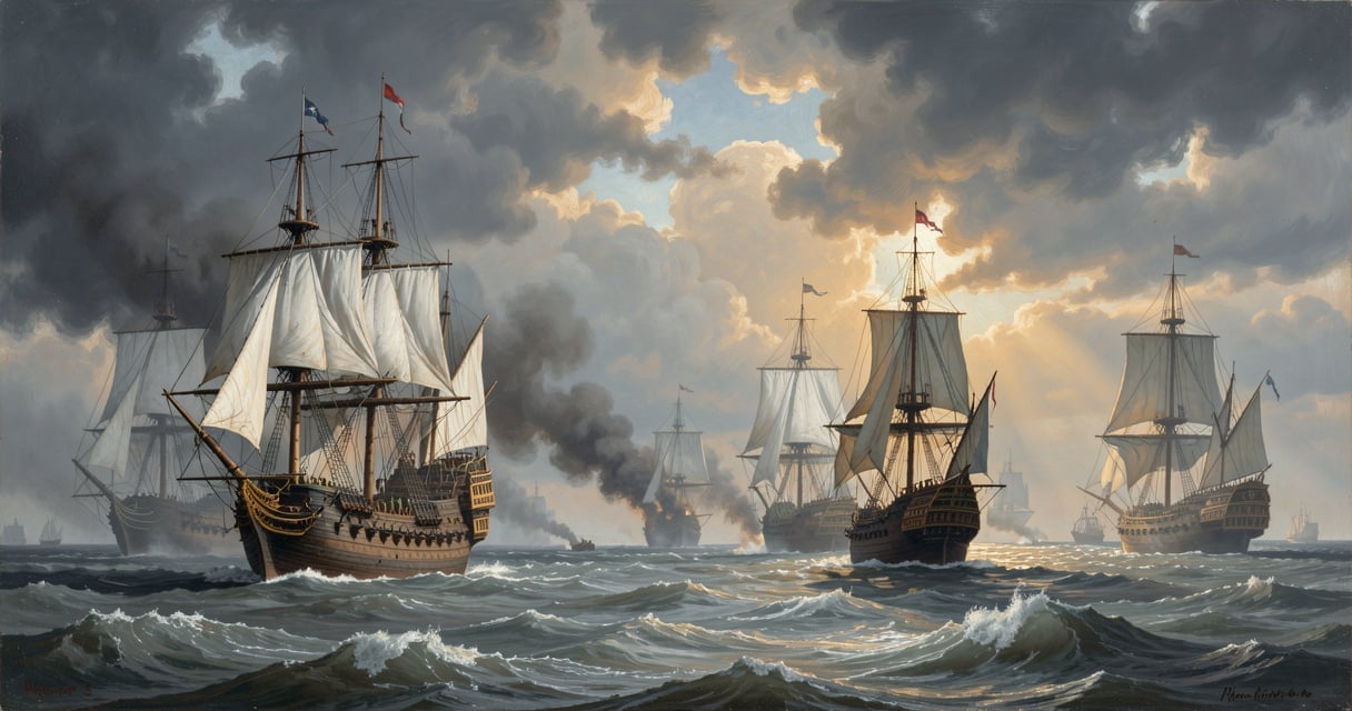 Galions espagnols de l'Armada de 1588 dans la tempête en mer du Nord