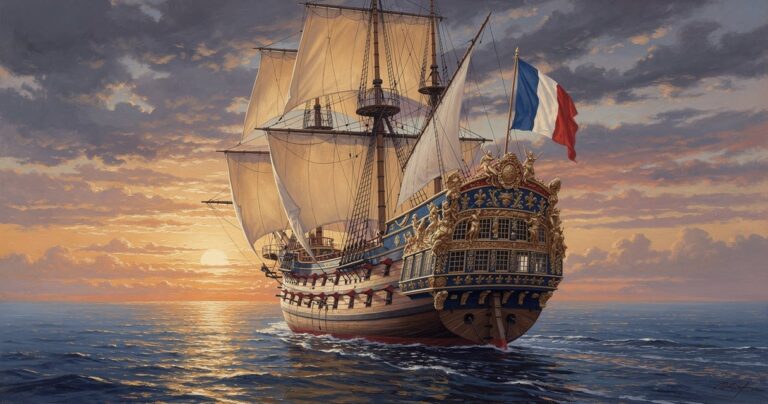 Vaisseau de ligne royal français du XVIIe siècle naviguant au coucher du soleil