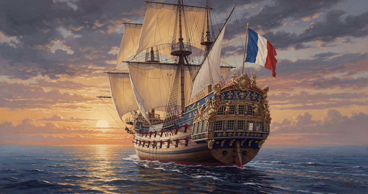 Vaisseau de ligne royal français du XVIIe siècle naviguant au coucher du soleil