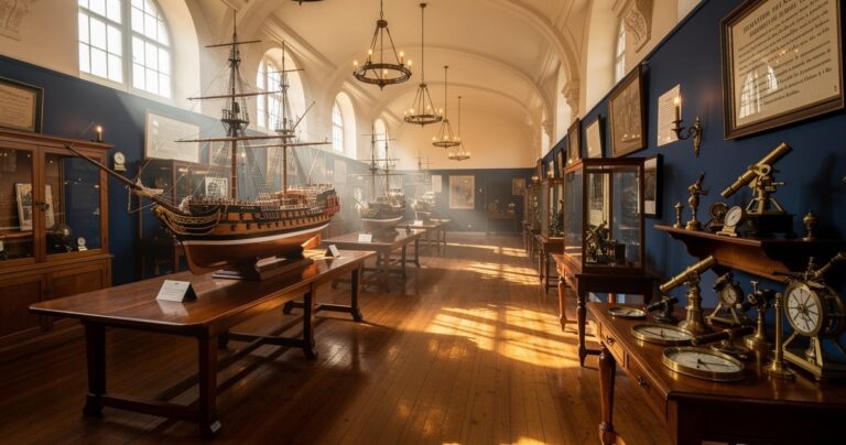 Maquettes de navires anciens exposées dans un musée maritime français