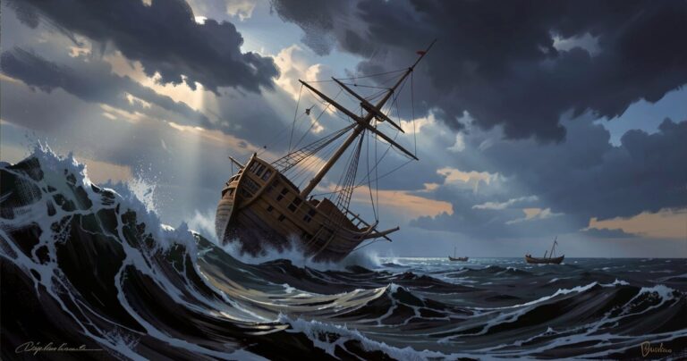 Voilier ancien en train de sombrer dans une mer dechainee au crepuscule