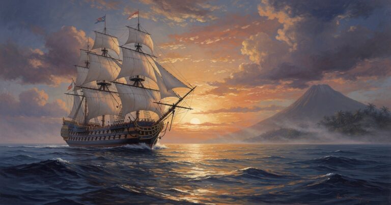 Frégate du XVIIIe siècle naviguant sur l'océan Pacifique au coucher du soleil