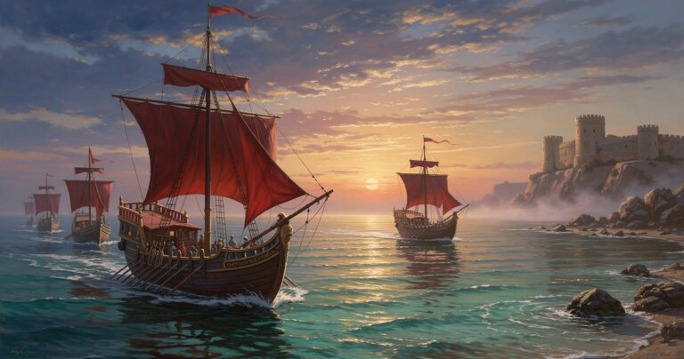 Galères corsaires barbaresques naviguant en Méditerranée au coucher du soleil