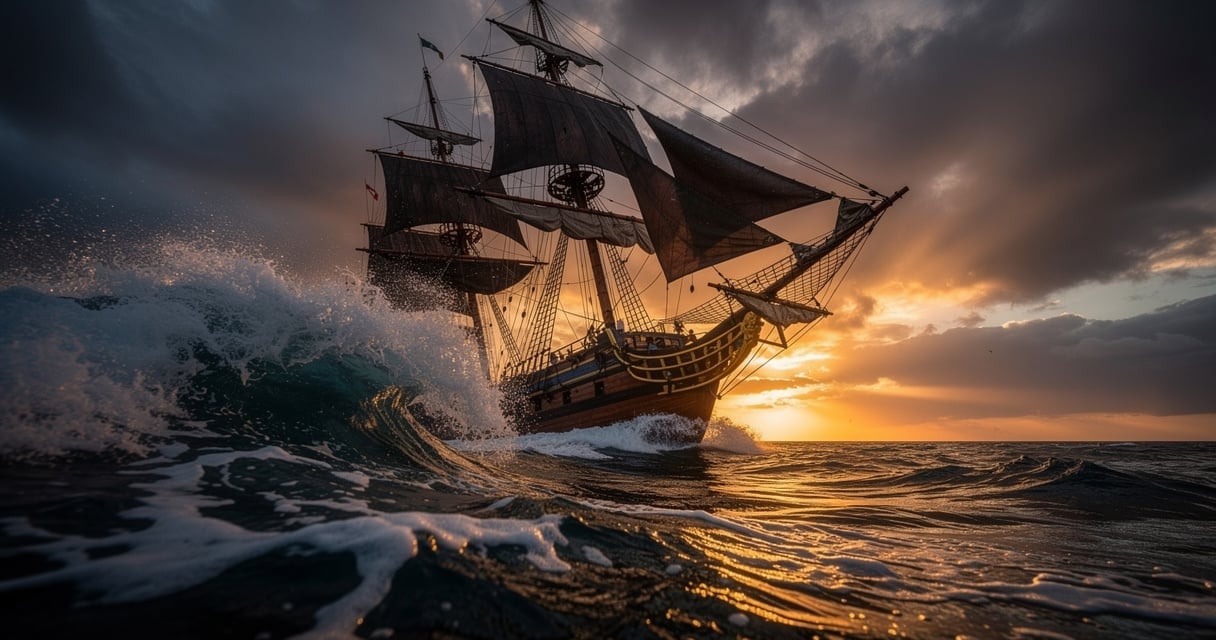 Navire à voiles sur un océan agité au coucher du soleil, évoquant les pirates et corsaires