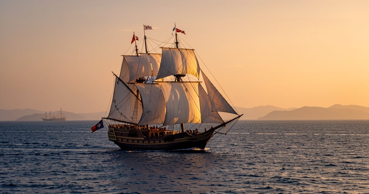 Caraque portugaise toutes voiles dehors sur l'ocean Indien au couchant