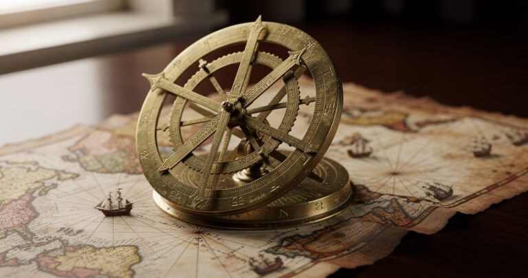 Astrolabe nautique en bronze posé sur un ancien portulan de la Méditerranée
