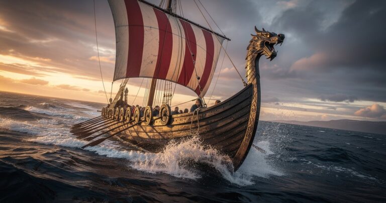 Navire viking voguant sur l'Atlantique avec sa voile carrée au soleil couchant