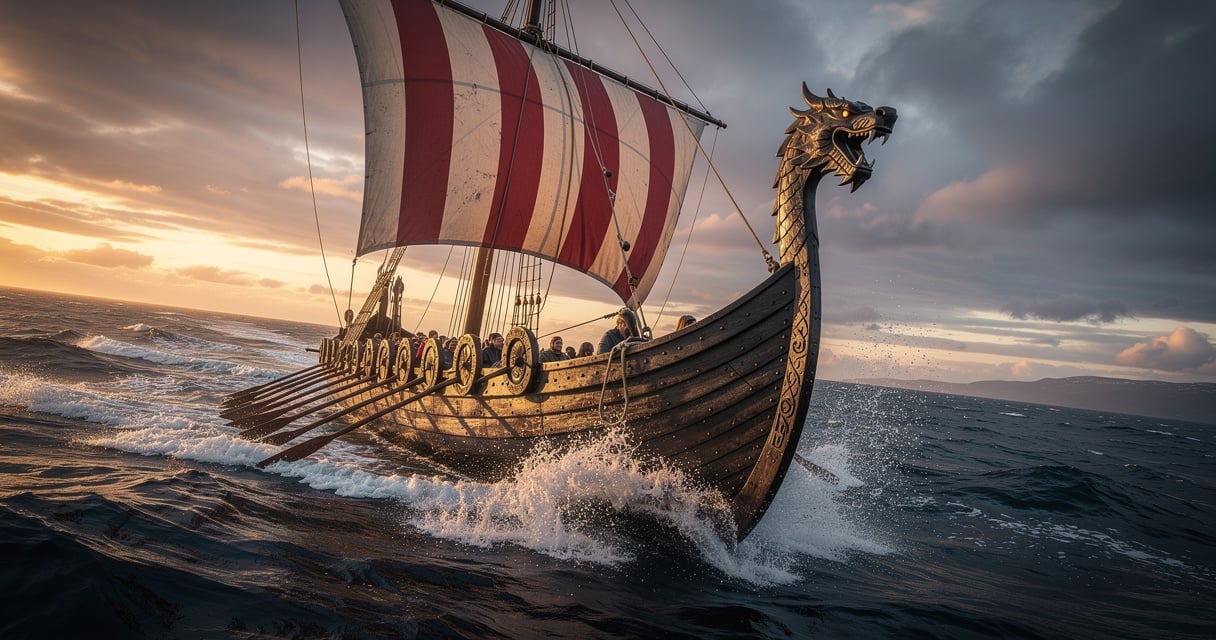 Navire viking voguant sur l'Atlantique avec sa voile carrée au soleil couchant